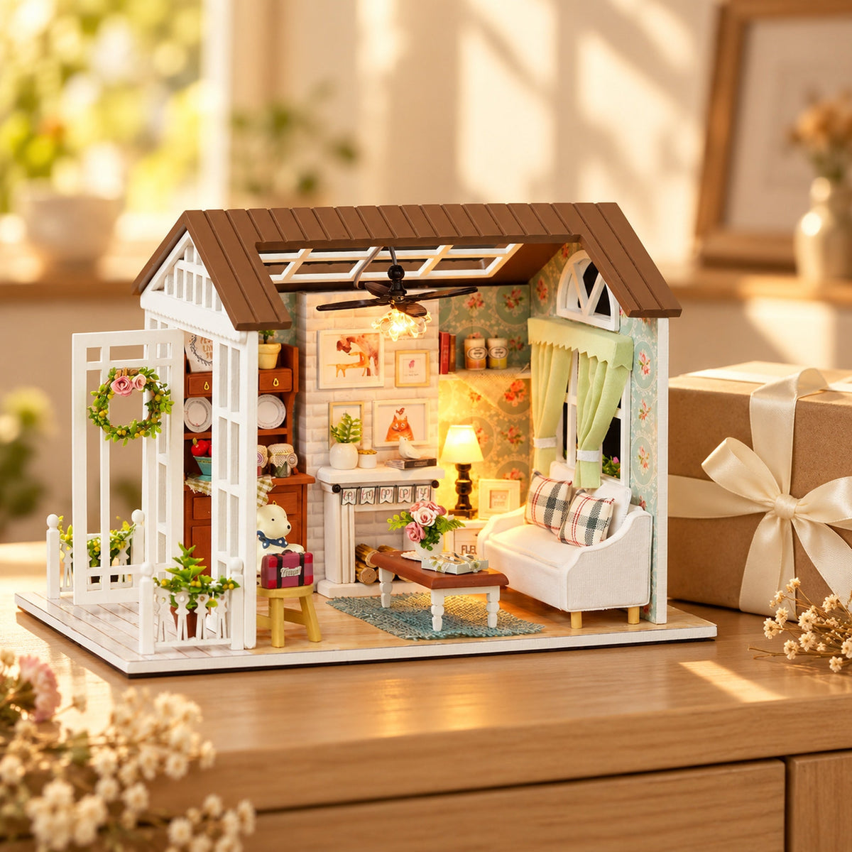 Happy Times DIY Miniature House Kit — gift display scene; props not included