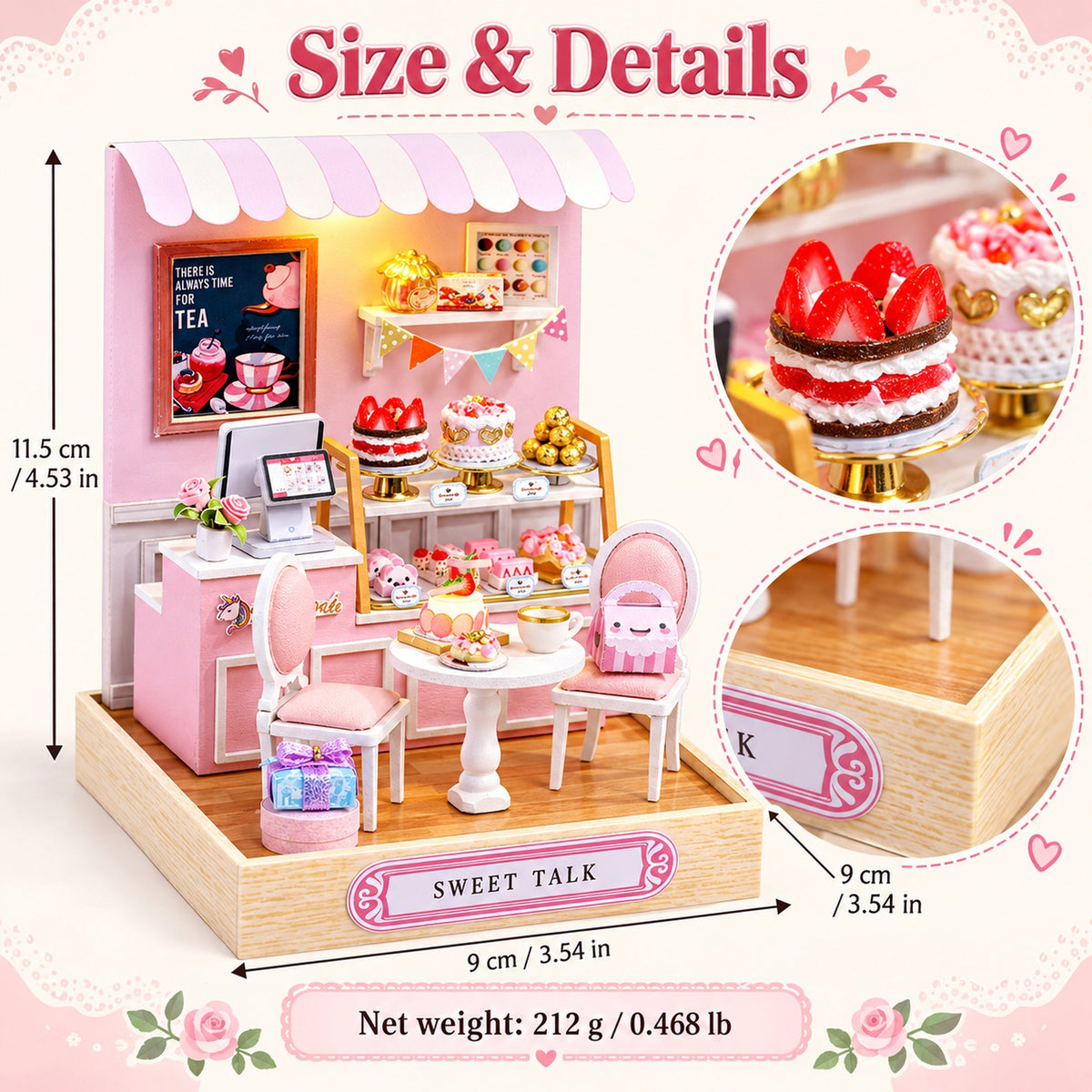 Sweet Talk DIY Miniature Cake Shop Kit — finished dimensions, materials and net weight