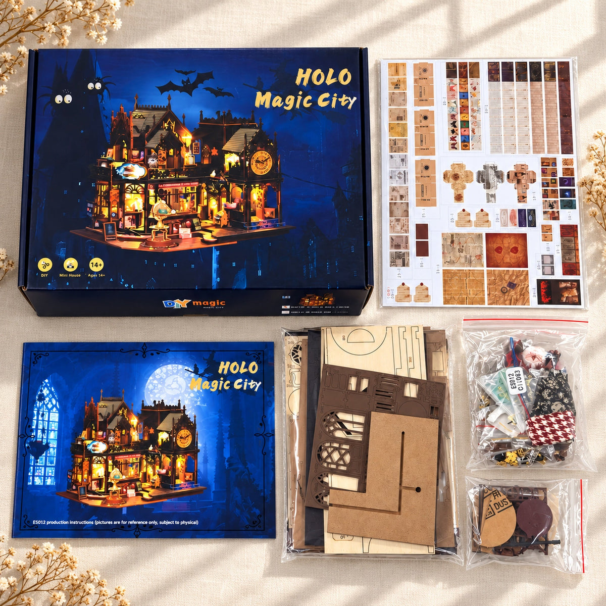 Holo Magic City DIY Miniature House Kit — kit contents and English instructions