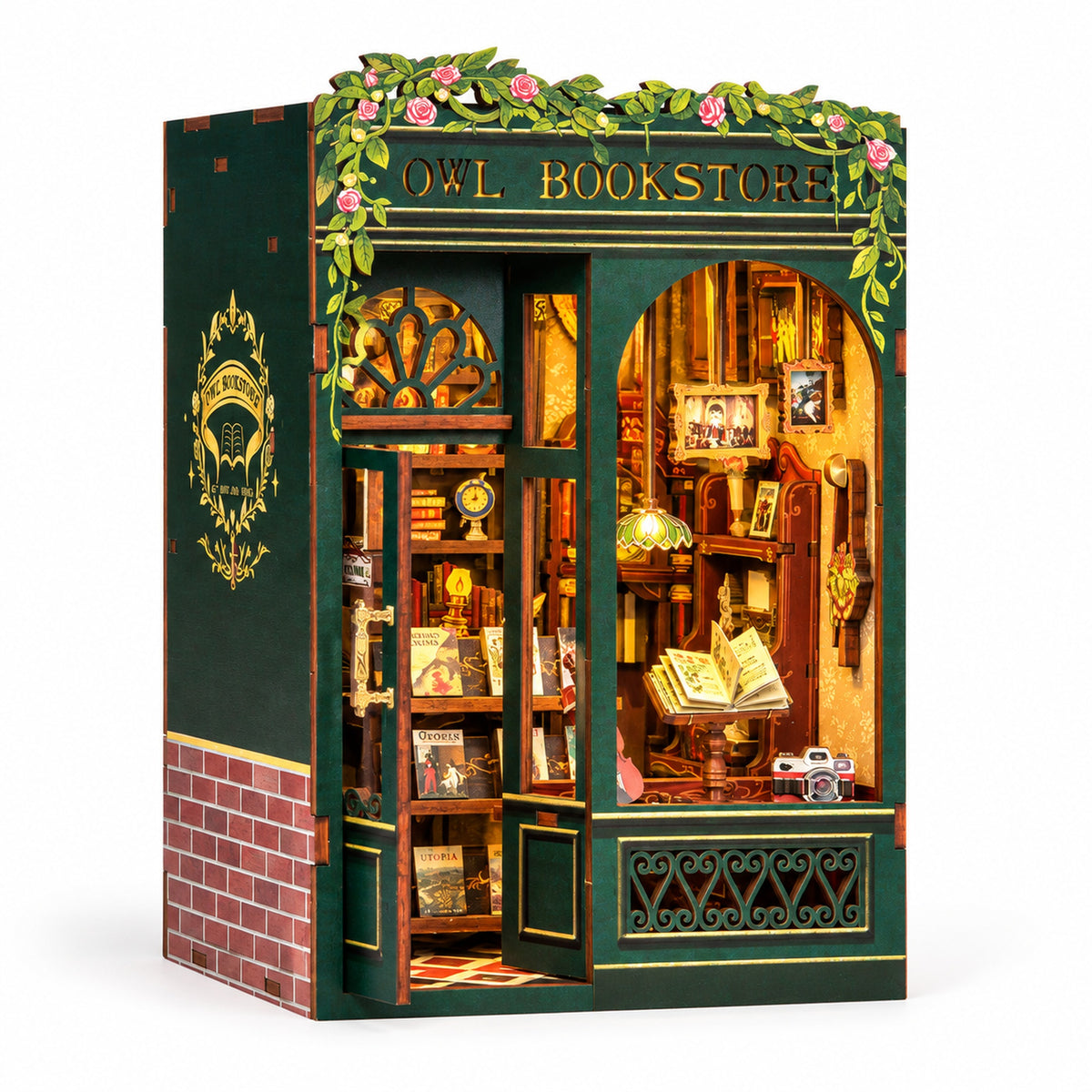 Owl Bookstore DIY Book Nook Kit with LED Light — White Background