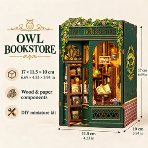 Owl Bookstore DIY Book Nook Kit with LED Light — Size Materials