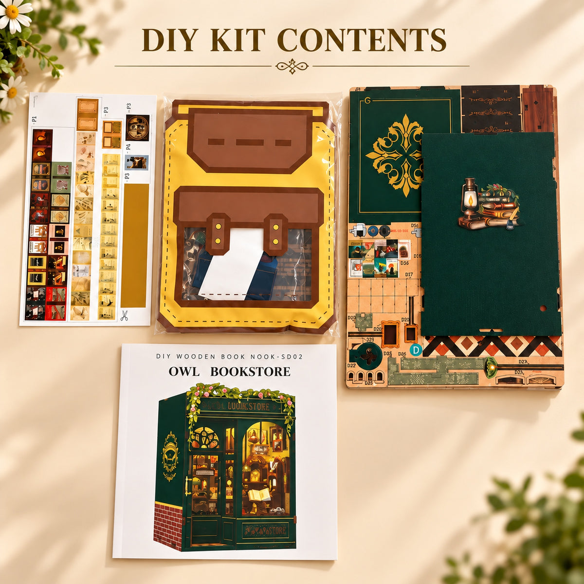 Owl Bookstore DIY Book Nook Kit with LED Light — Kit Contents