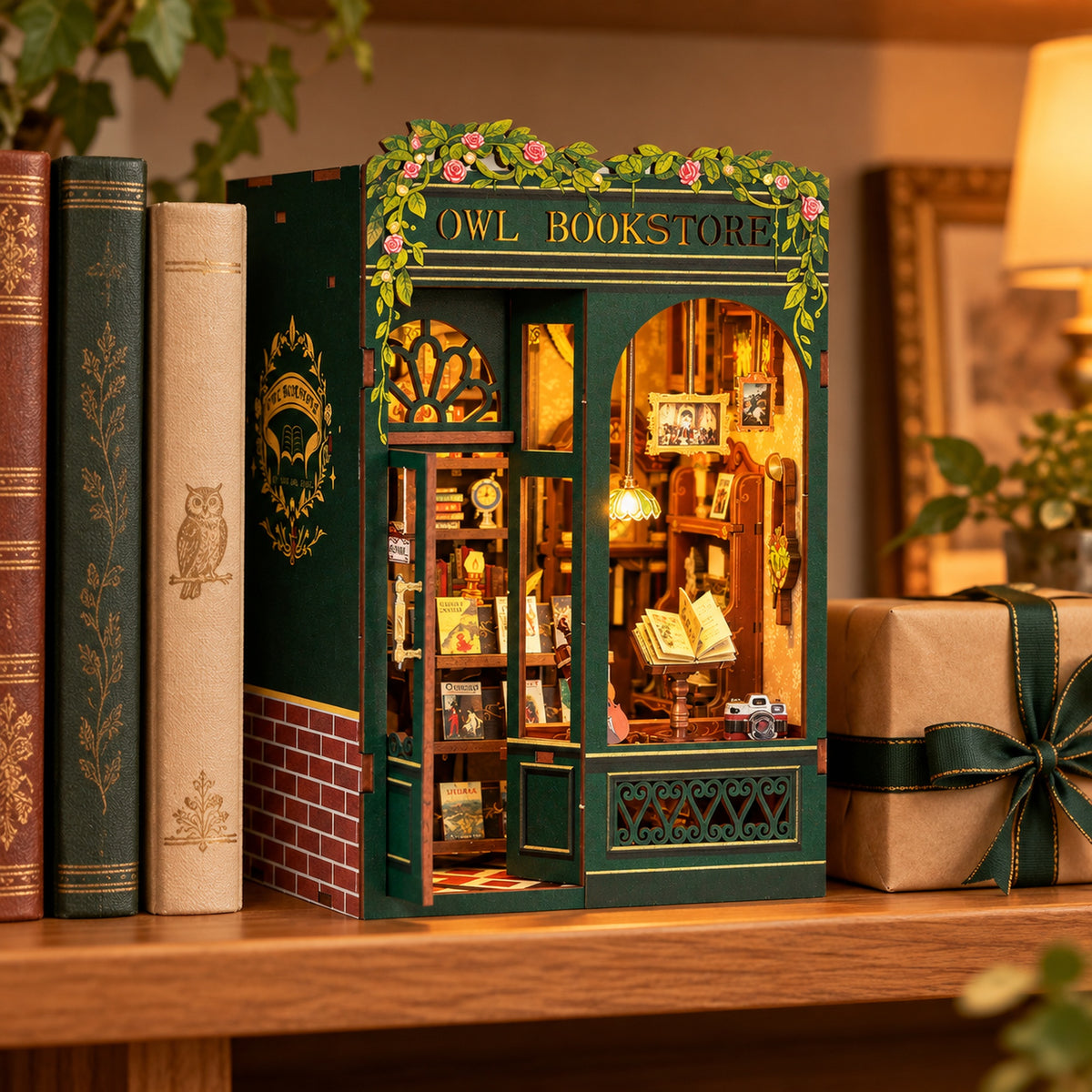 Owl Bookstore DIY Book Nook Kit with LED Light — Gift