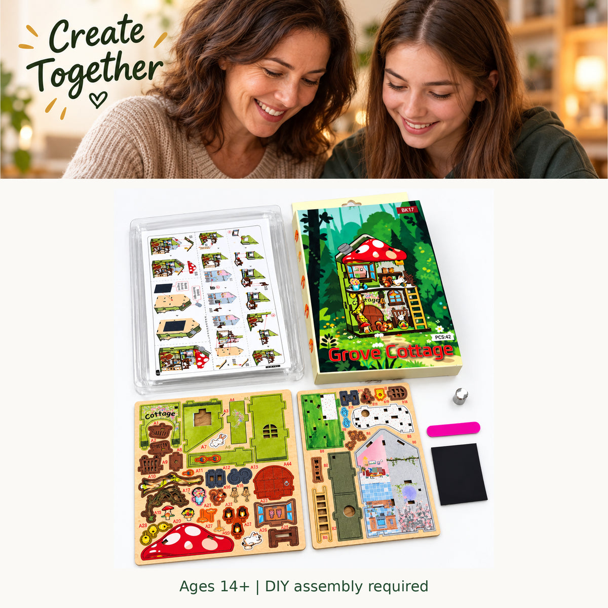 Woodland Mushroom Cottage DIY Magnetic Miniature Kit — Family Theme Actual Kit; DIY assembly required.