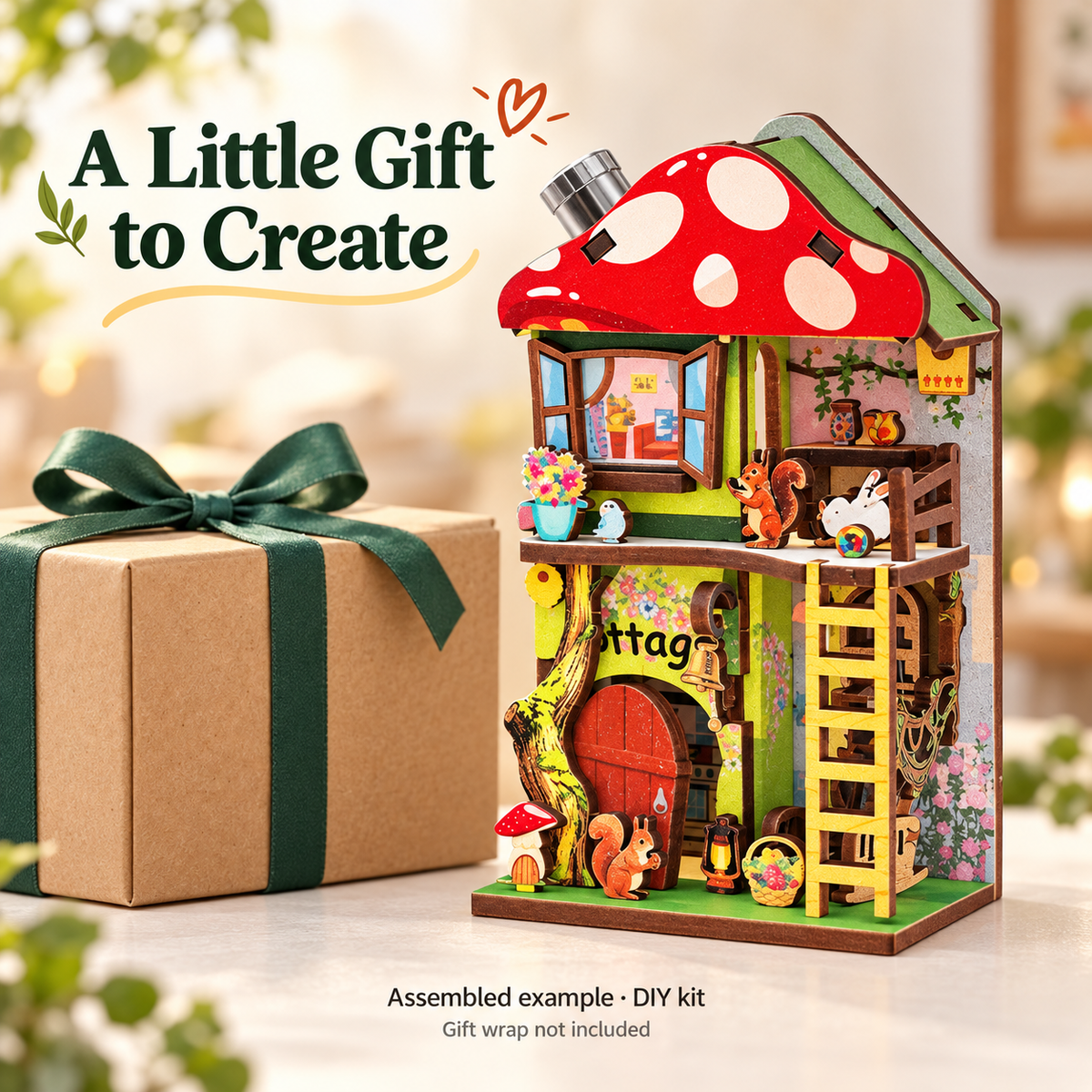 Woodland Mushroom Cottage DIY Magnetic Miniature Kit — Assembled Example Gift; DIY assembly required.
