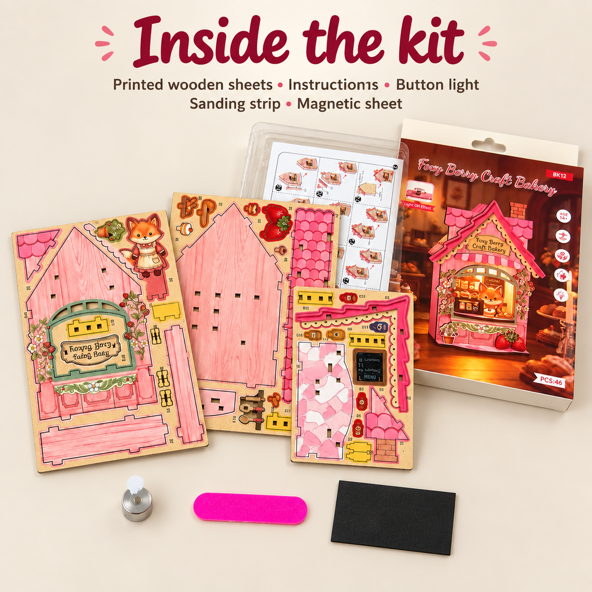 Foxy Berry Bakery DIY Magnetic Miniature Kit with Light — Kit Contents; DIY assembly required.