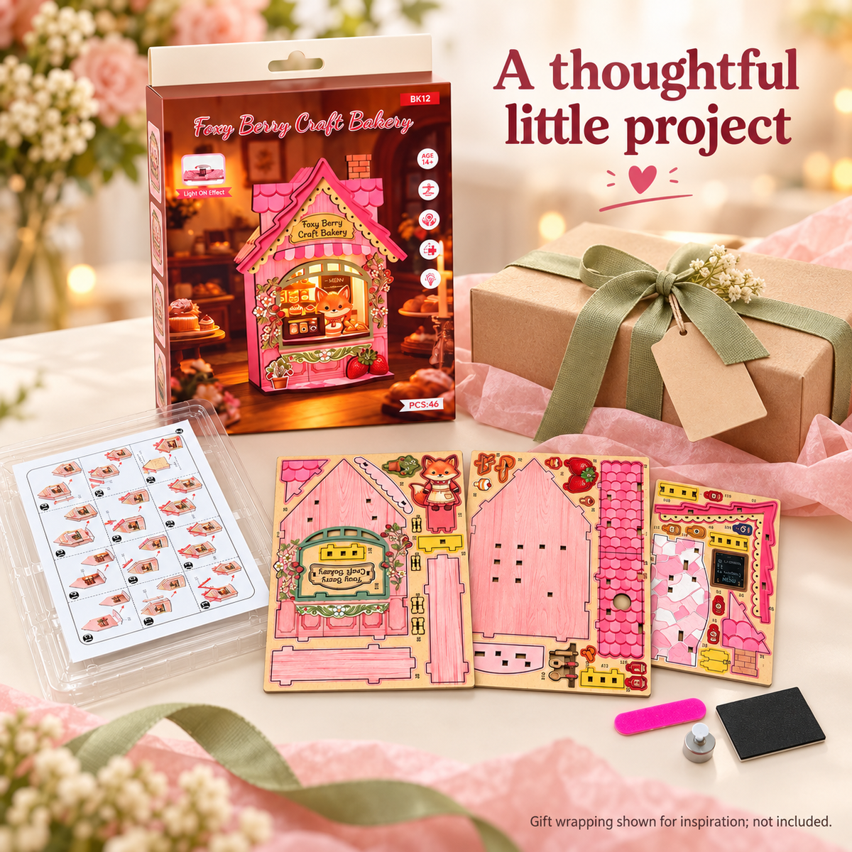 Foxy Berry Bakery DIY Magnetic Miniature Kit with Light — Gift Scene; DIY assembly required.