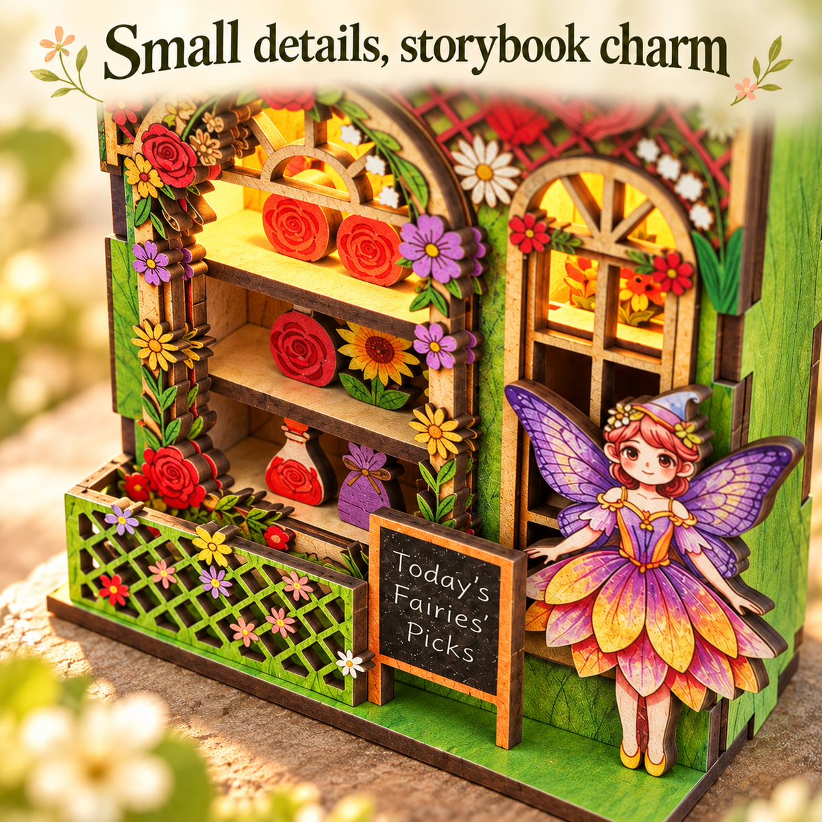 Fairy Flower Shop DIY Magnetic Miniature Kit with Light — Details; DIY assembly required.