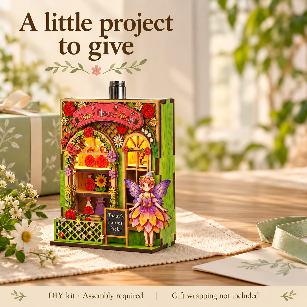 Fairy Flower Shop DIY Magnetic Miniature Kit with Light — Gift Scene; DIY assembly required.