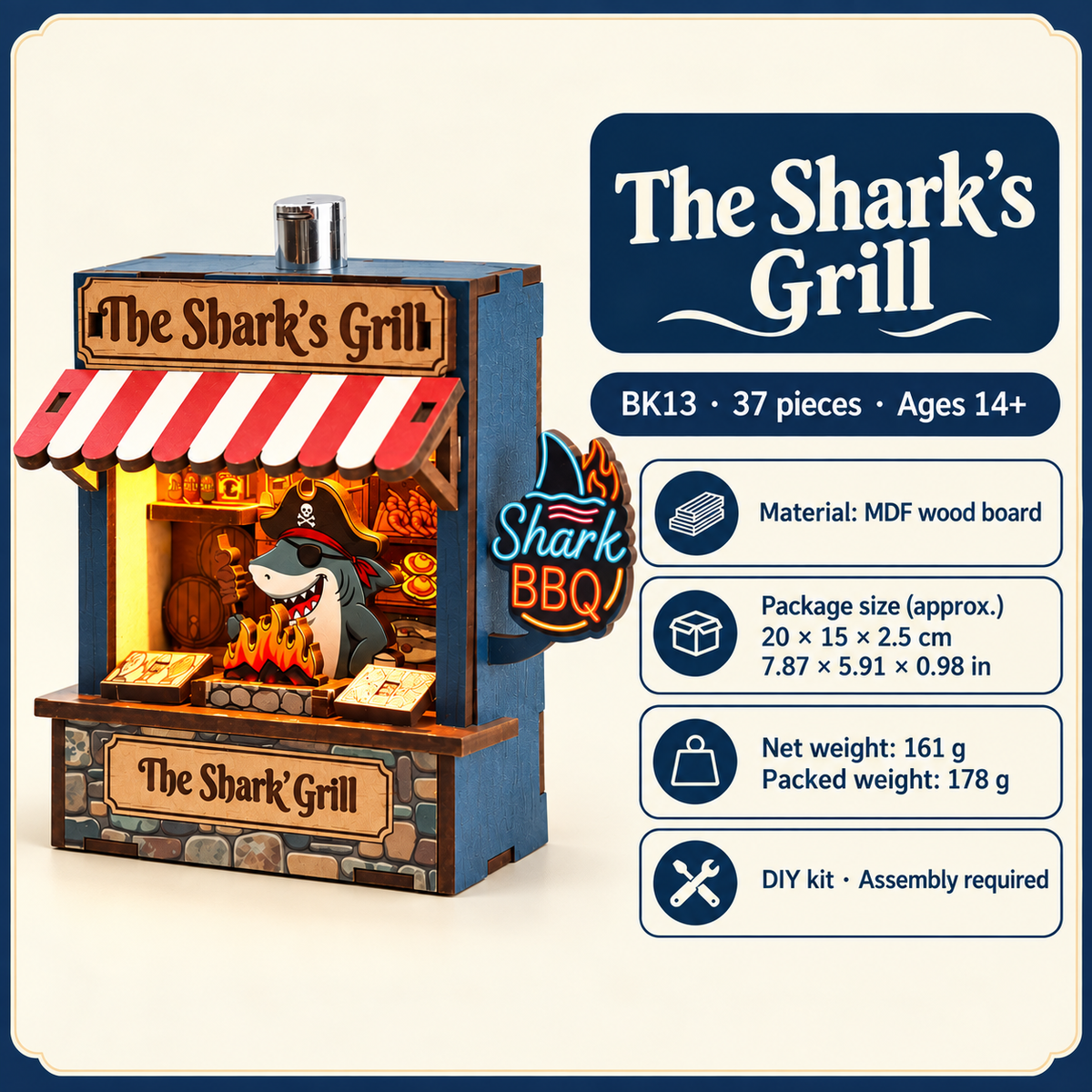 The Shark’s Grill DIY Magnetic Miniature Kit with Light — Size Material Weight; DIY assembly required.