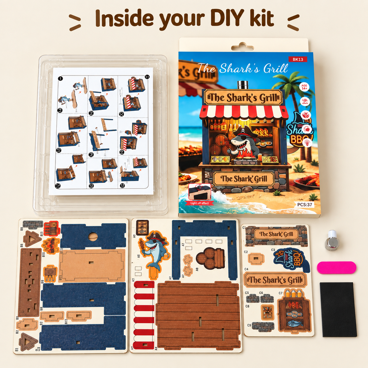 The Shark’s Grill DIY Magnetic Miniature Kit with Light — Kit Contents; DIY assembly required.