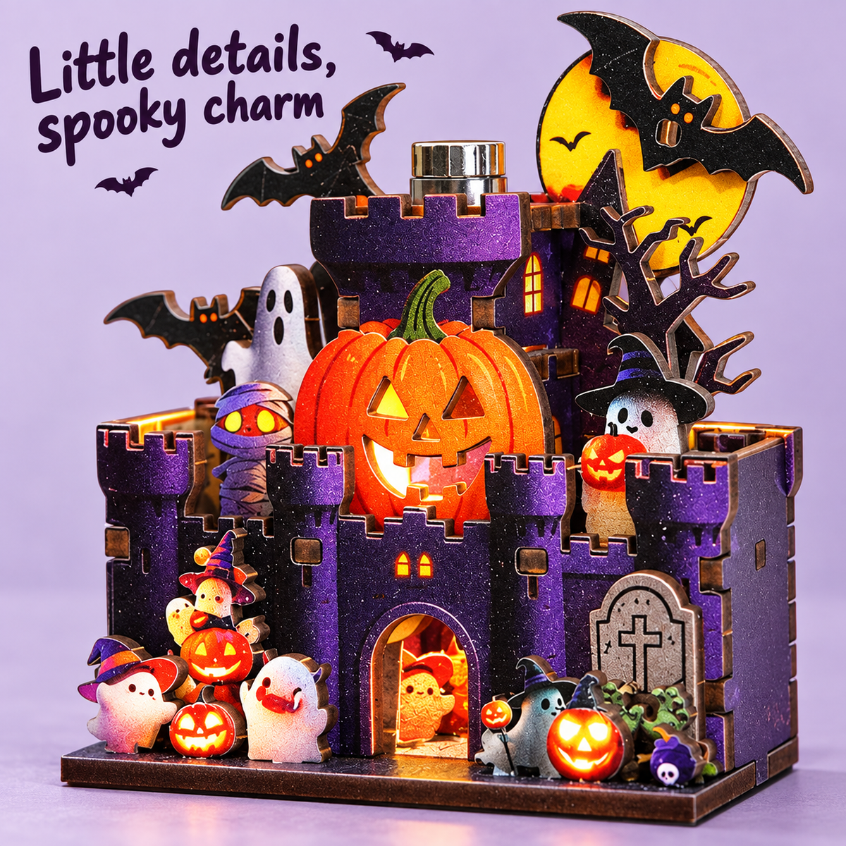 Haunted Castle DIY Magnetic Miniature Kit with Light — Closeup Detail; DIY assembly required.