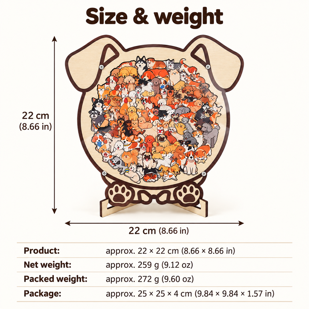 Dog wooden puzzle: size weight