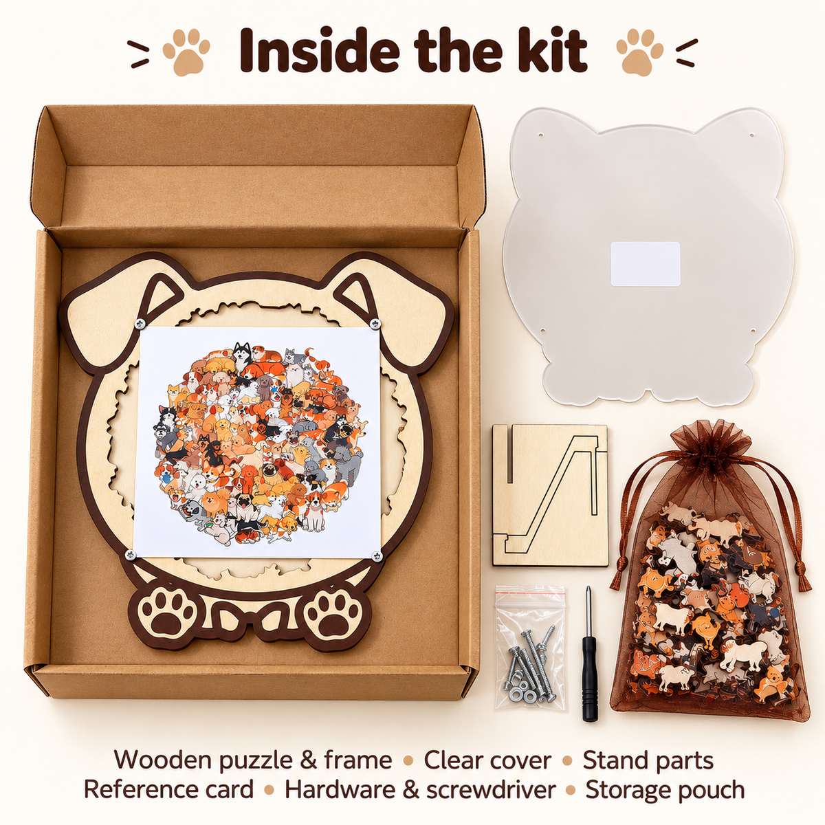 Dog wooden puzzle: kit contents