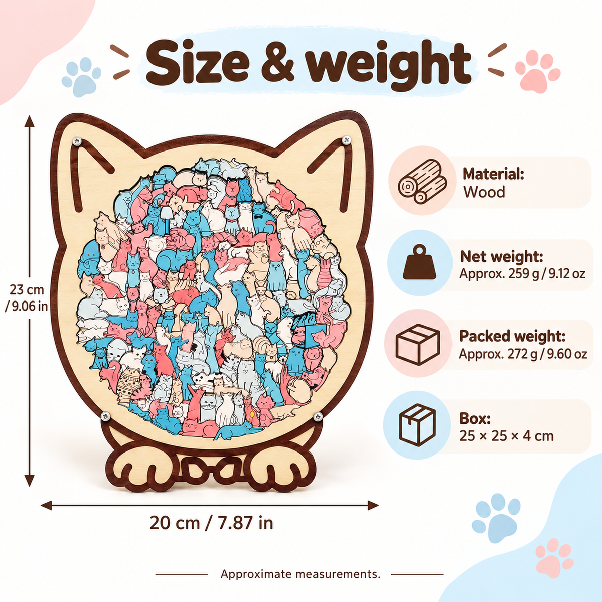 Macaron cat wooden puzzle: size weight