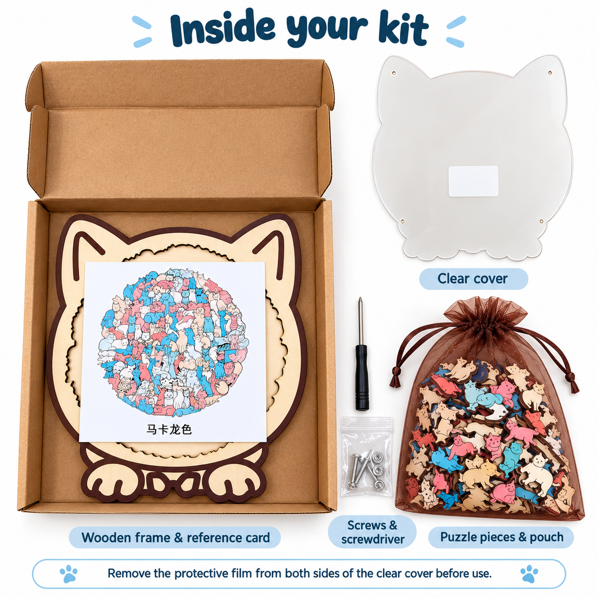 Macaron cat wooden puzzle: kit contents