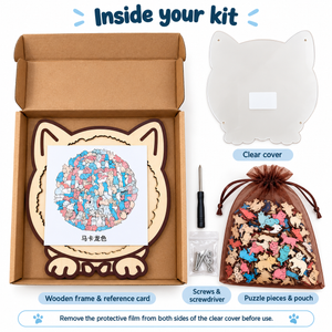 Macaron cat wooden puzzle: kit contents