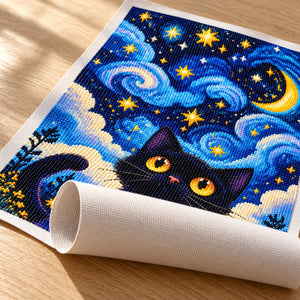 Starry Moon Cat Full-Drill Diamond Painting Kit — canvas detail