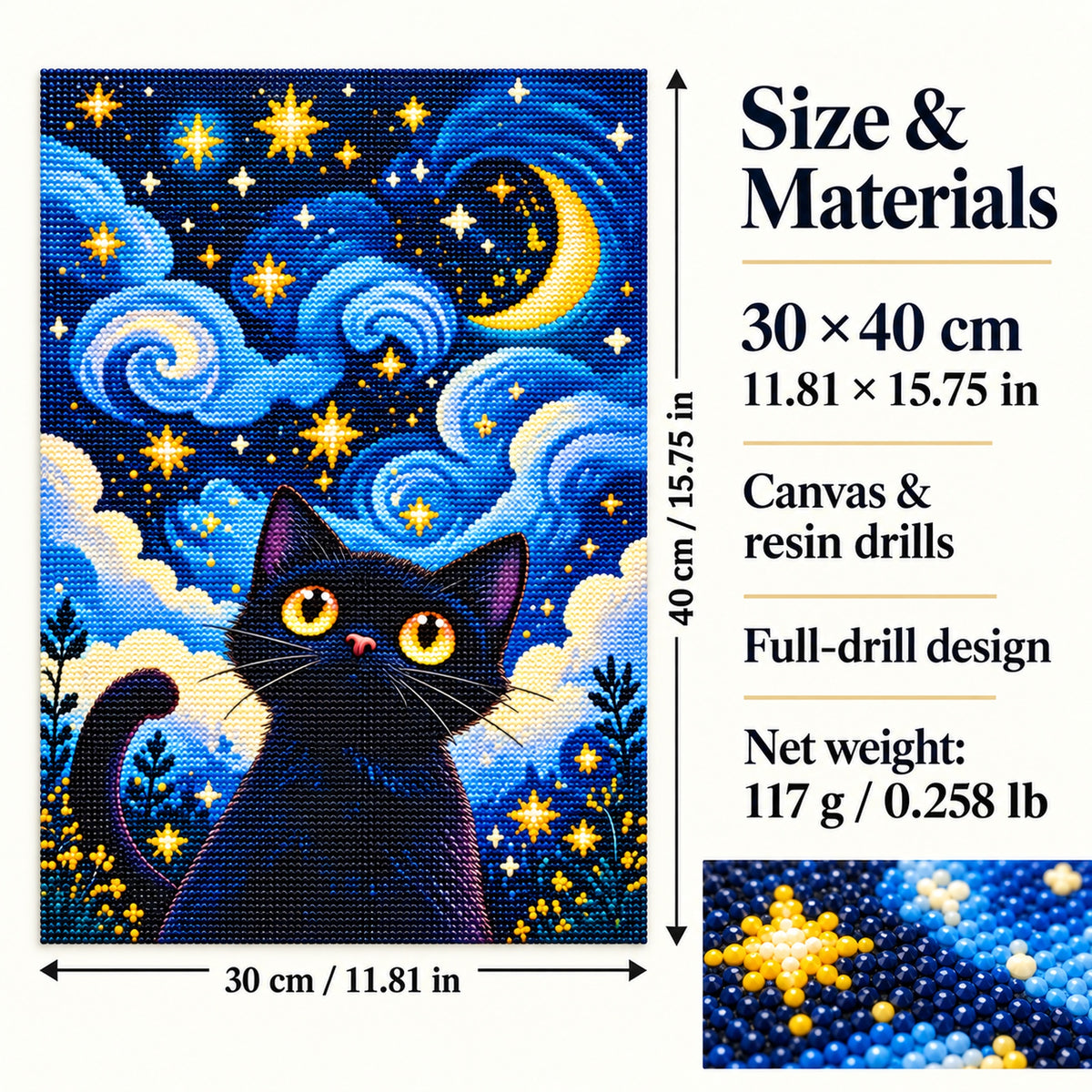 Starry Moon Cat Full-Drill Diamond Painting Kit — size and materials