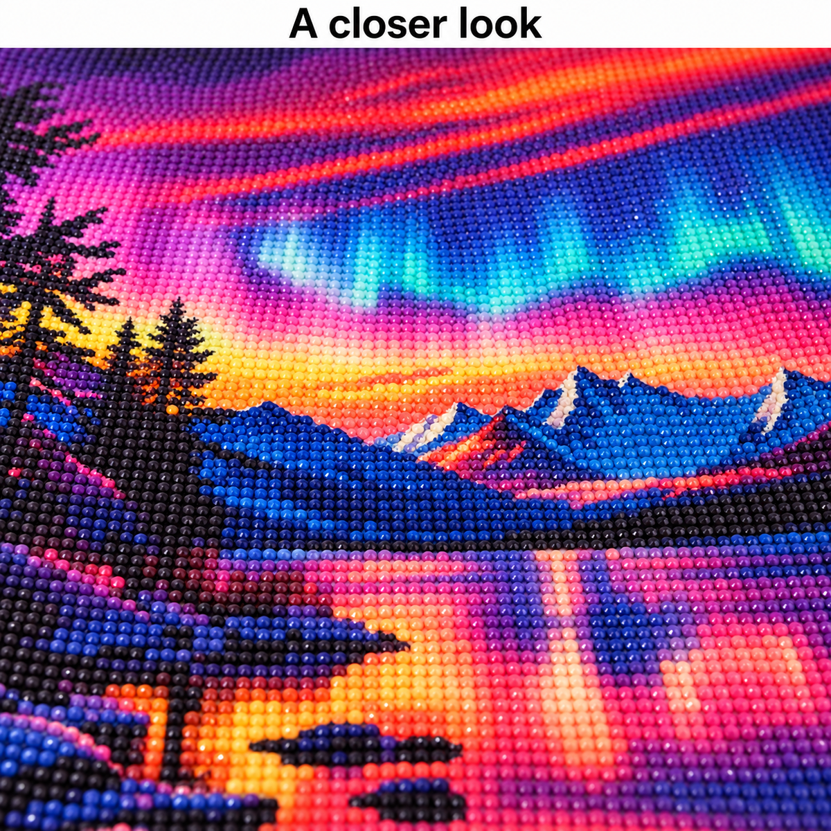 Aurora Mountain Lake diamond painting kit, design detail illustration