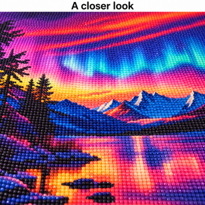 Aurora Mountain Lake diamond painting kit, design detail illustration