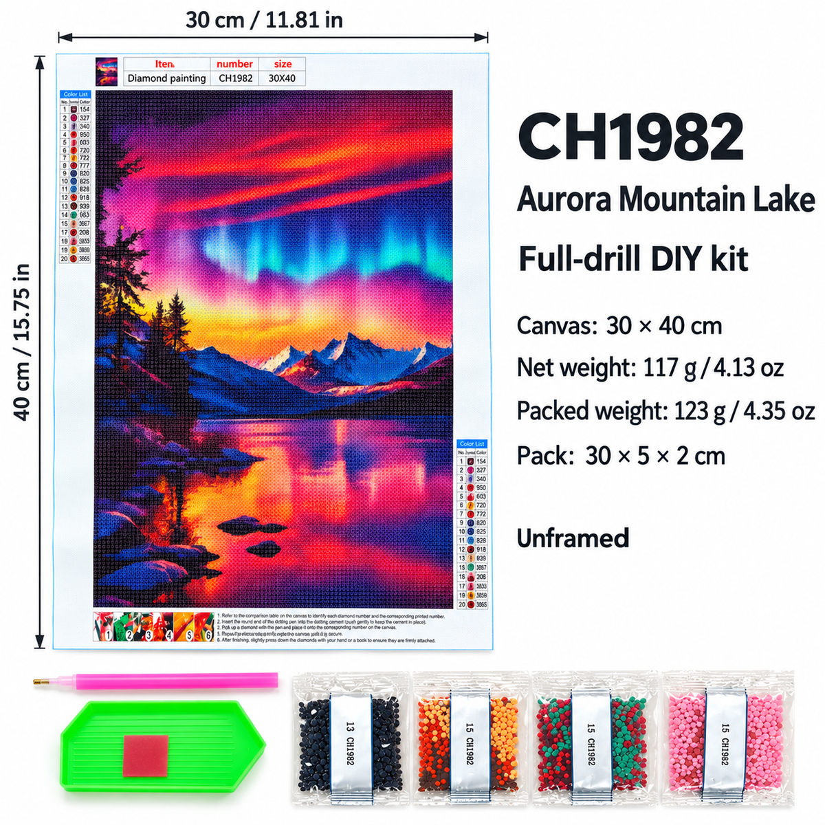 Aurora Mountain Lake diamond painting kit, canvas dimensions and weight