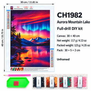 Aurora Mountain Lake diamond painting kit, canvas dimensions and weight