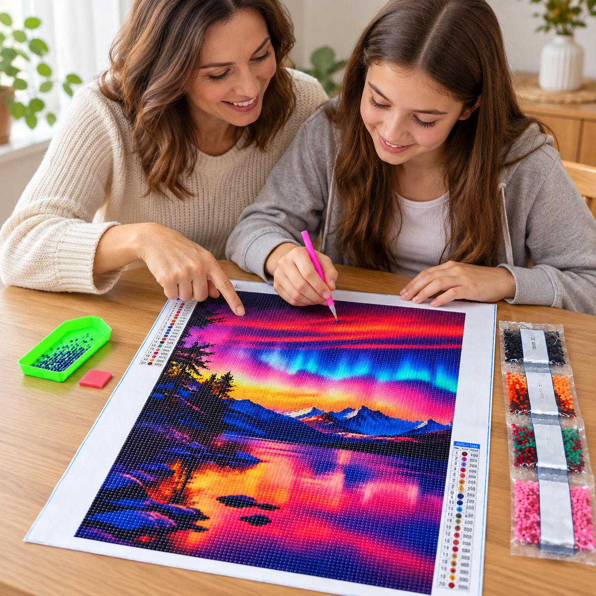 Aurora Mountain Lake diamond painting kit, crafting lifestyle illustration