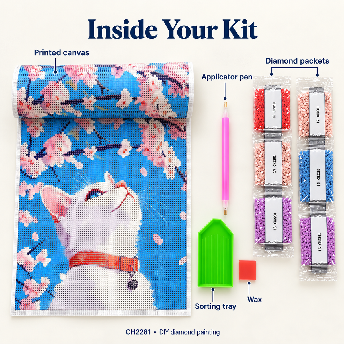 EN-0038-A diamond painting kit – Kit Contents; styling props not included