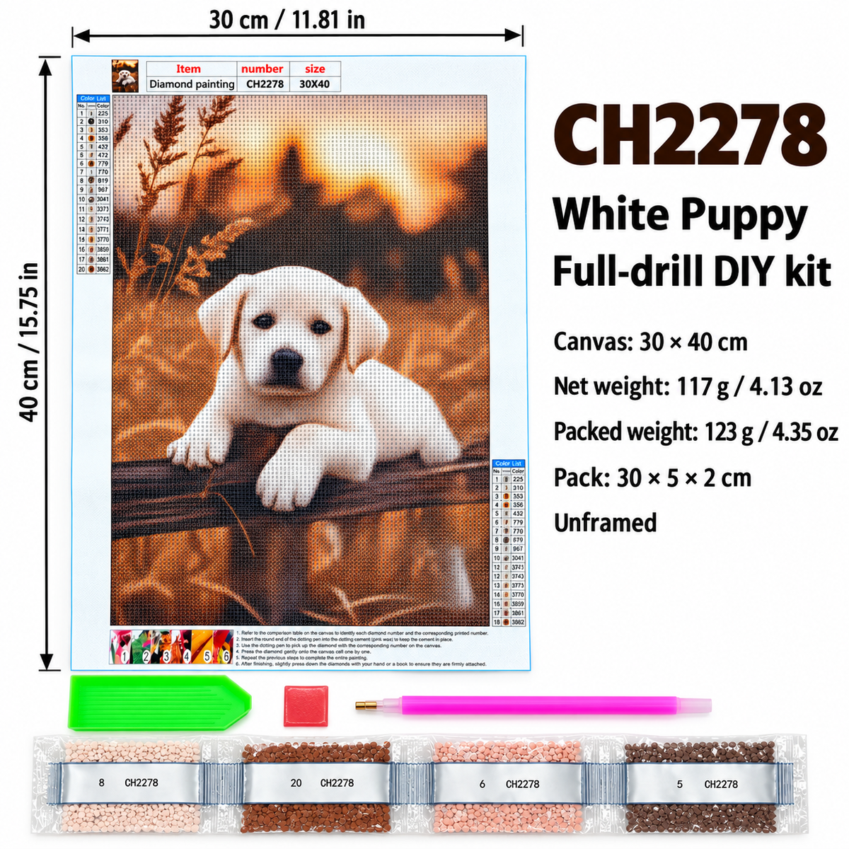 White Puppy diamond painting kit – Size CH2278