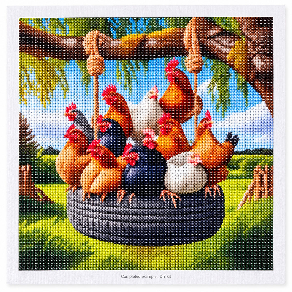 Chickens on a Tire Swing Diamond Painting Kit: completed design preview, DIY assembly required