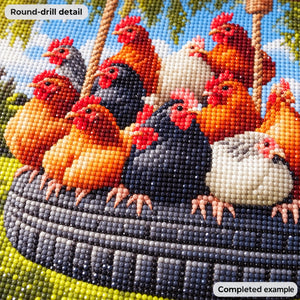Chickens on a Tire Swing Diamond Painting Kit: illustrative finished detail