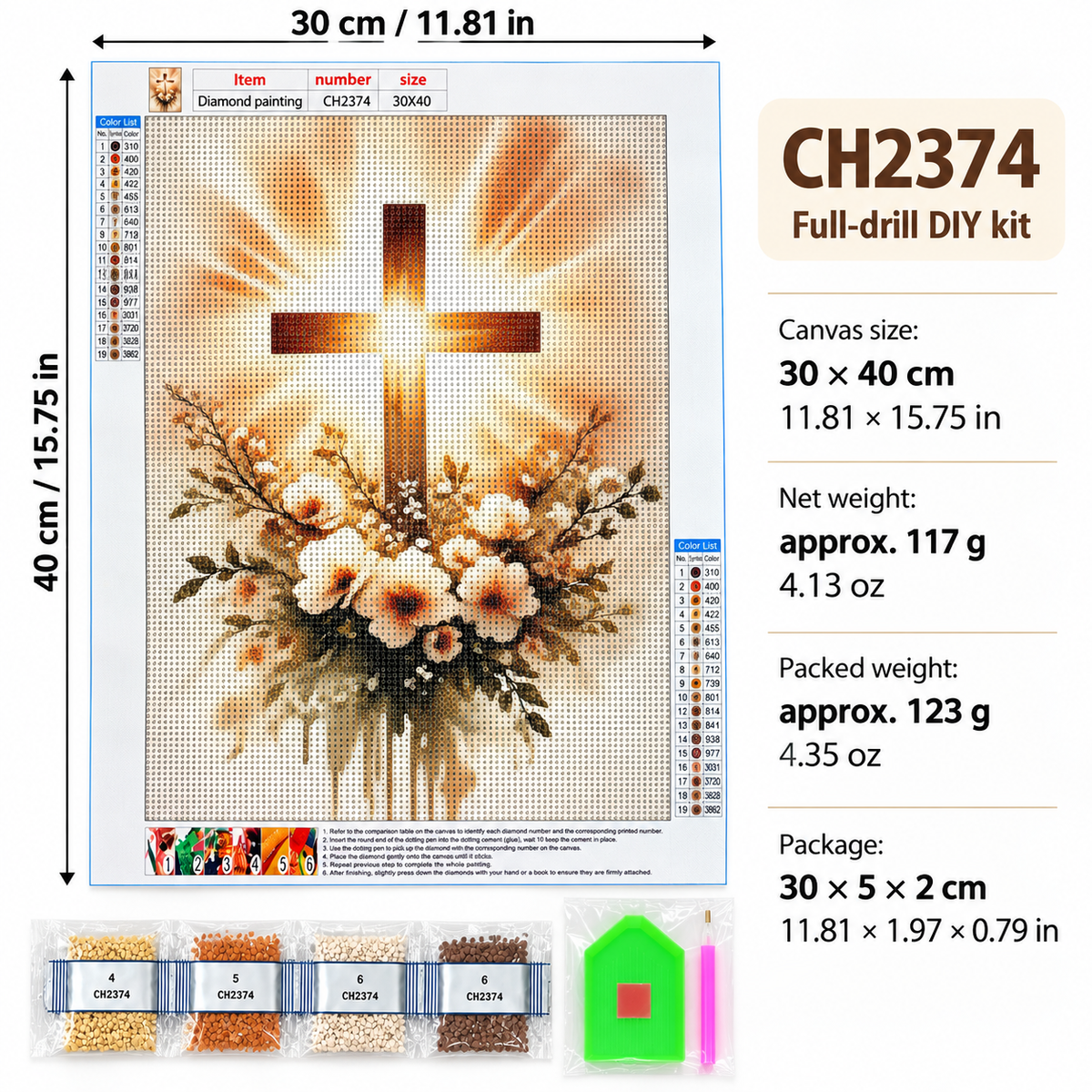 Cross and Flowers diamond painting kit, canvas dimensions and weight