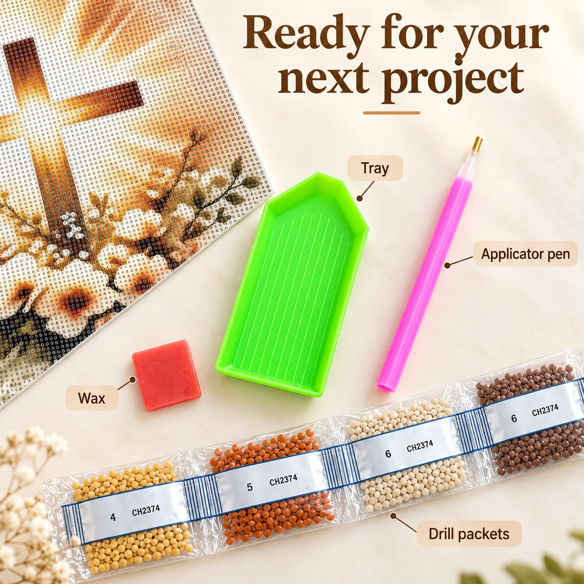 Cross and Flowers diamond painting kit, included canvas drills and tools
