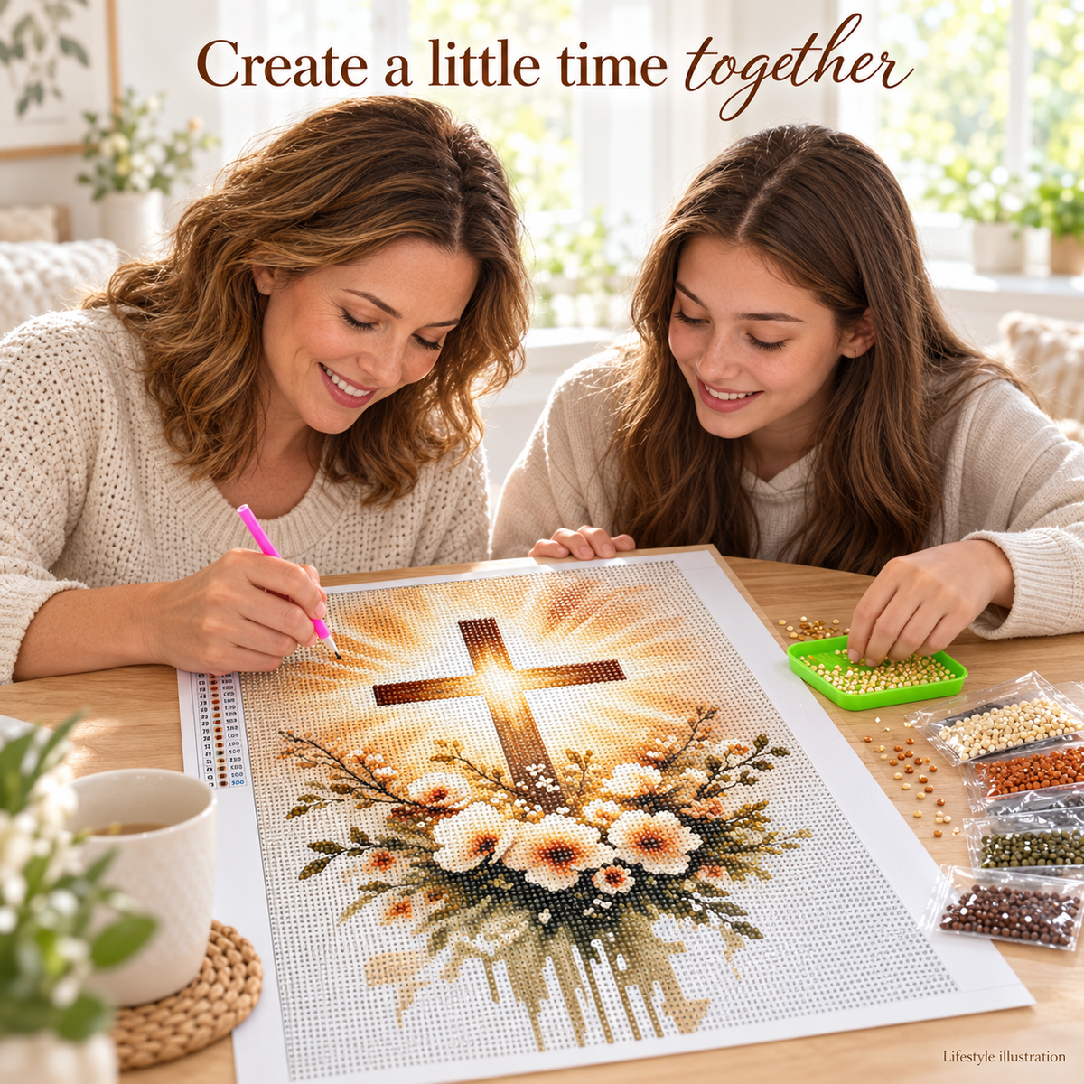 Cross and Flowers diamond painting kit, crafting lifestyle illustration