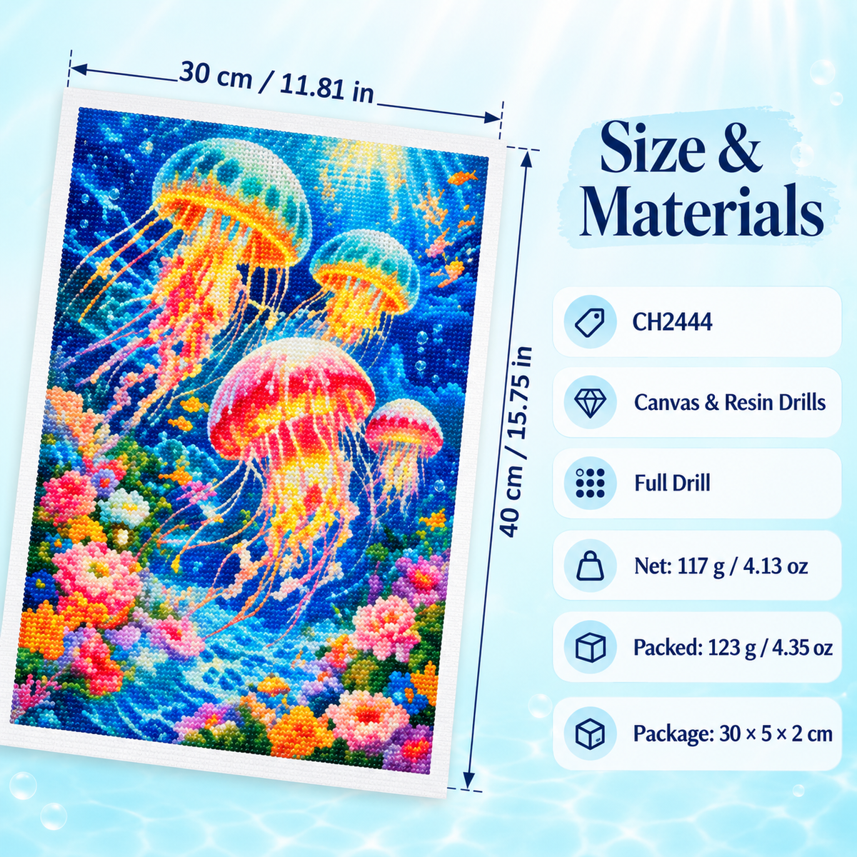 Deep-Sea Jellyfish Full-Drill Diamond Painting Kit — size and materials