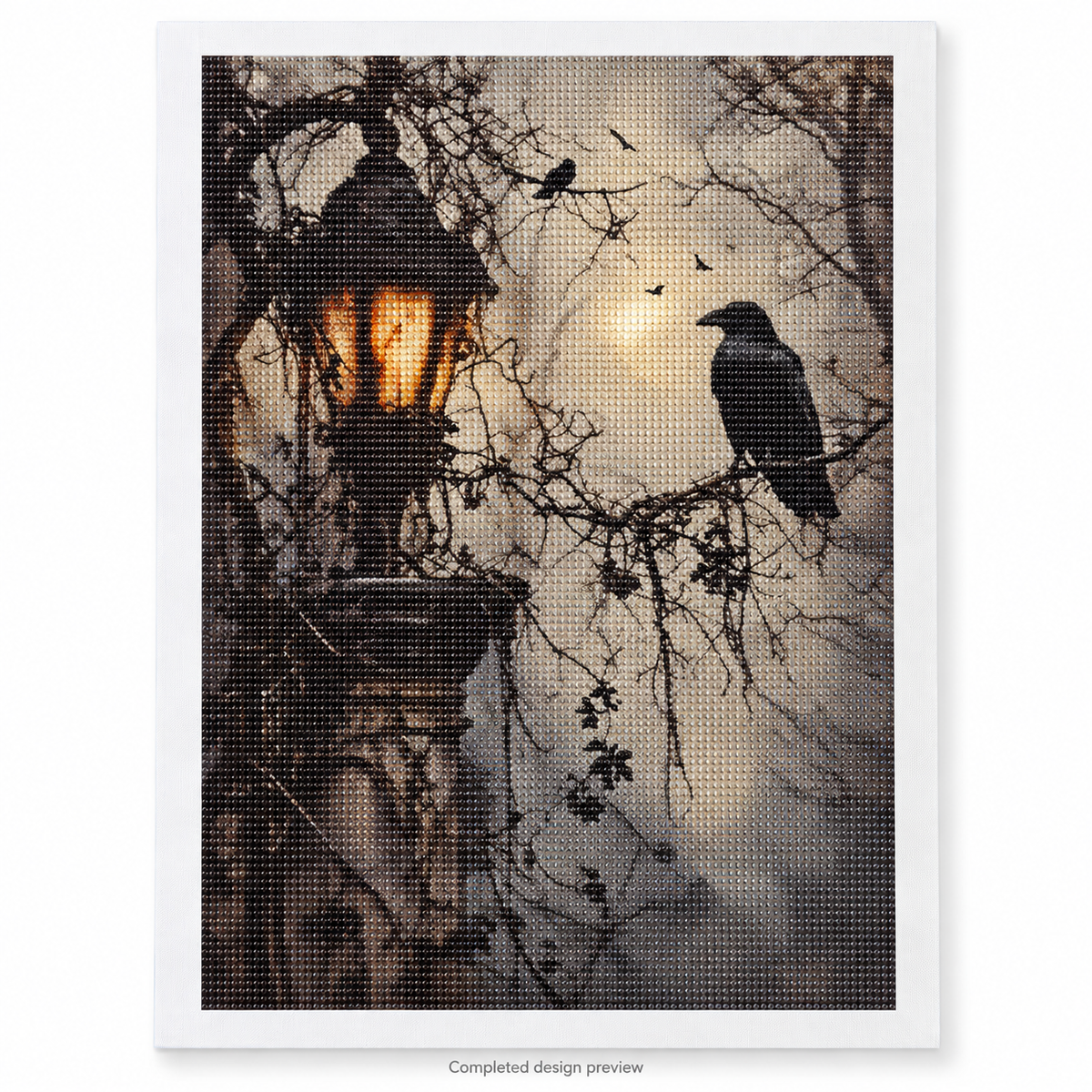 Raven & Lantern Halloween Diamond Painting Kit: completed design preview, DIY assembly required