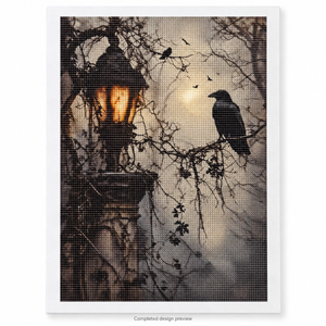 Raven & Lantern Halloween Diamond Painting Kit: completed design preview, DIY assembly required
