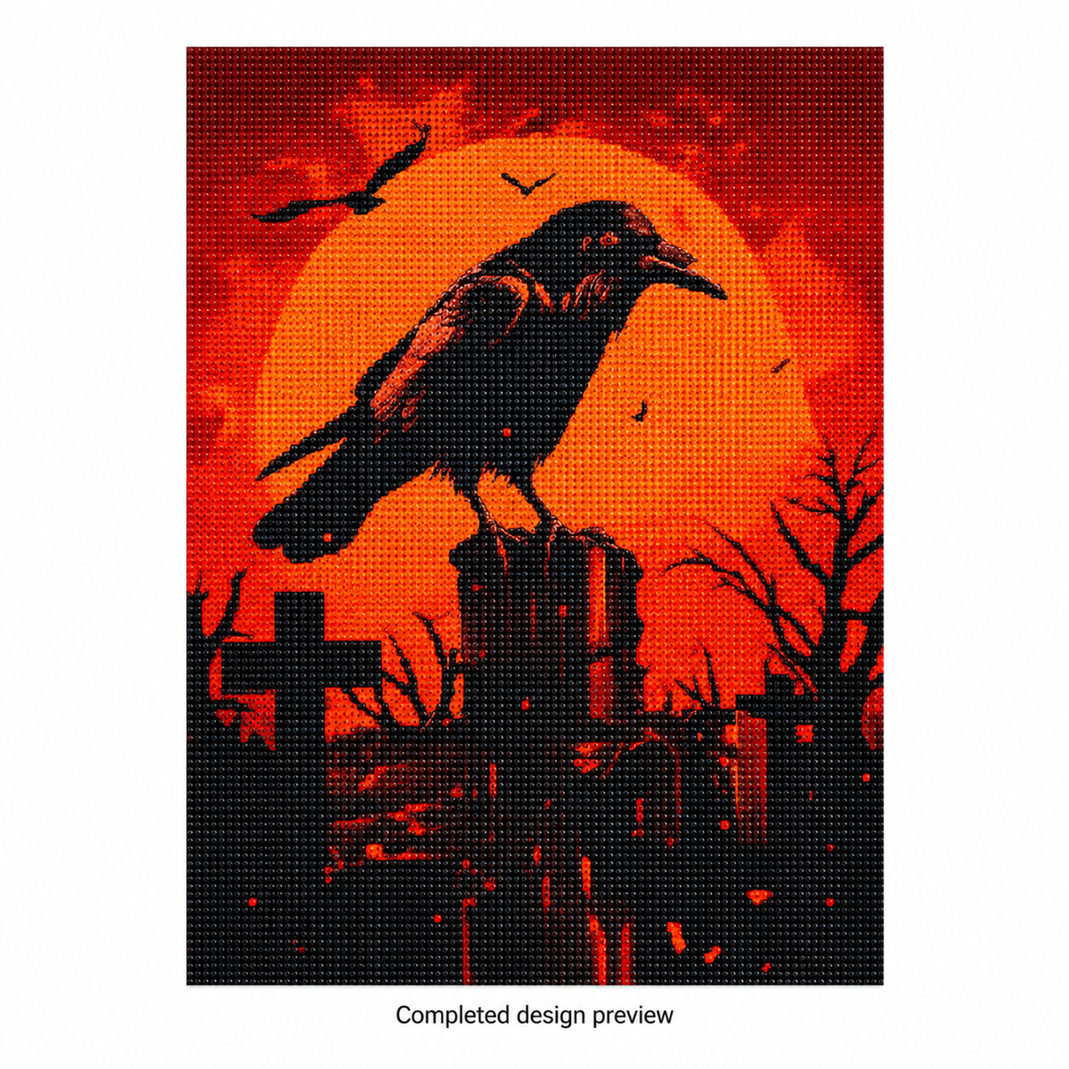 Raven and Orange Moon diamond painting kit, completed design illustration