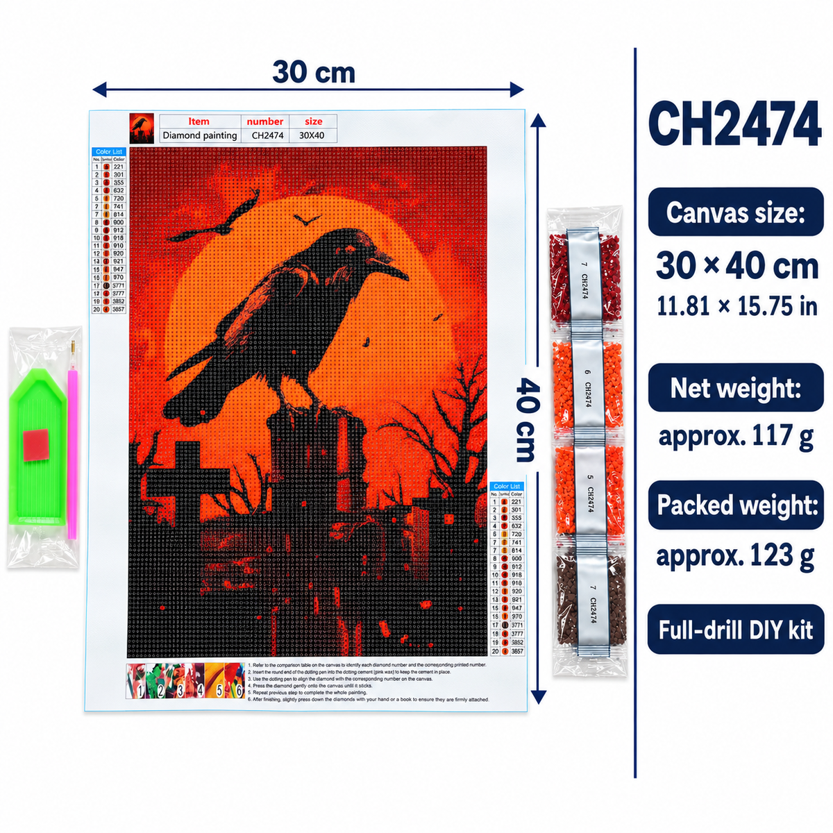 Raven and Orange Moon diamond painting kit, canvas dimensions and weight