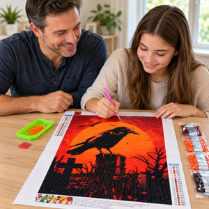 Raven and Orange Moon diamond painting kit, crafting lifestyle illustration
