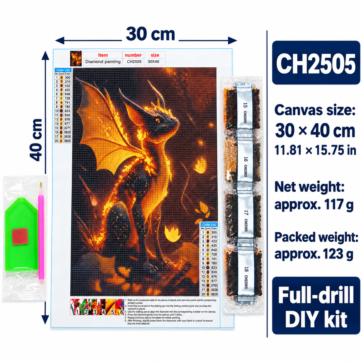 Golden Dragon diamond painting kit, canvas dimensions and weight