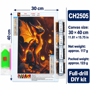 Golden Dragon diamond painting kit, canvas dimensions and weight