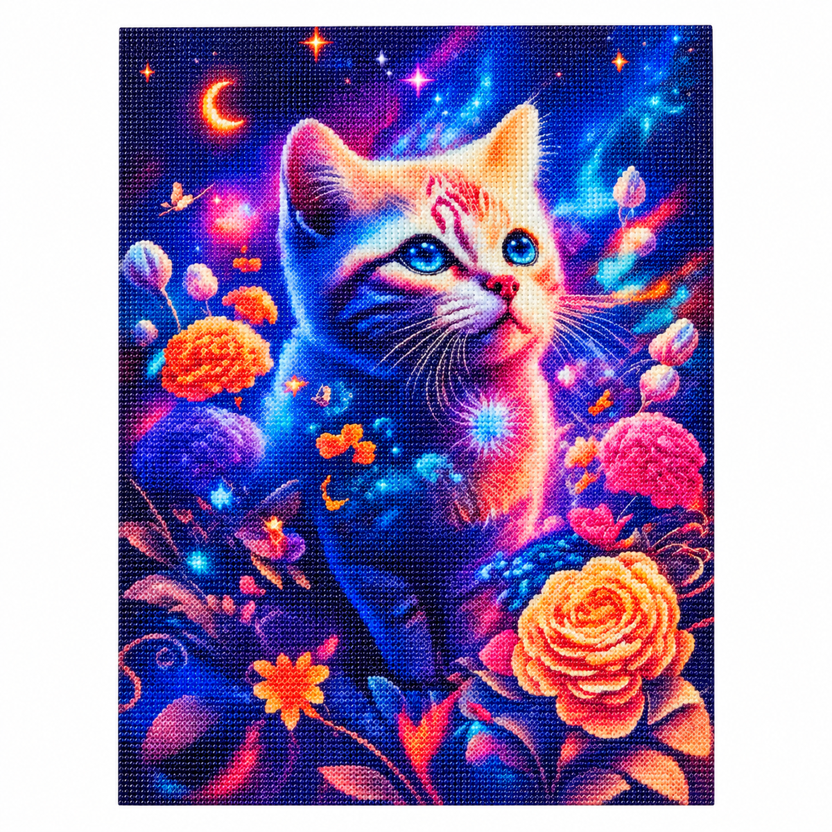 Colorful Cat and Flowers diamond painting kit, completed design illustration