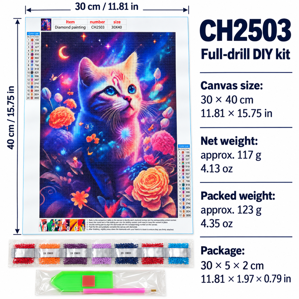 Colorful Cat and Flowers diamond painting kit, canvas dimensions and weight