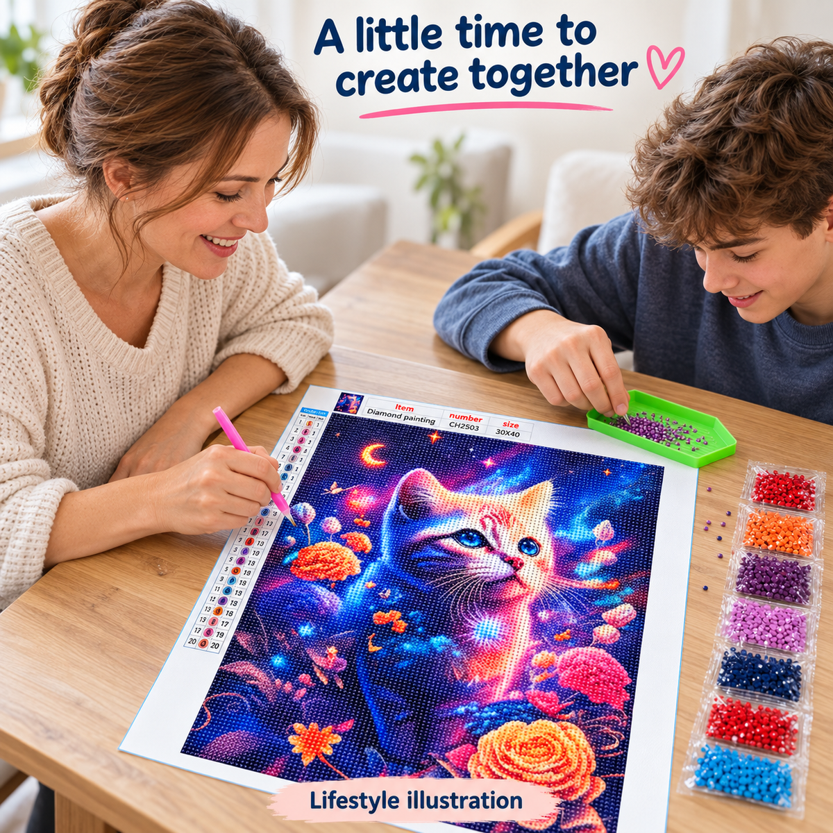 Colorful Cat and Flowers diamond painting kit, crafting lifestyle illustration