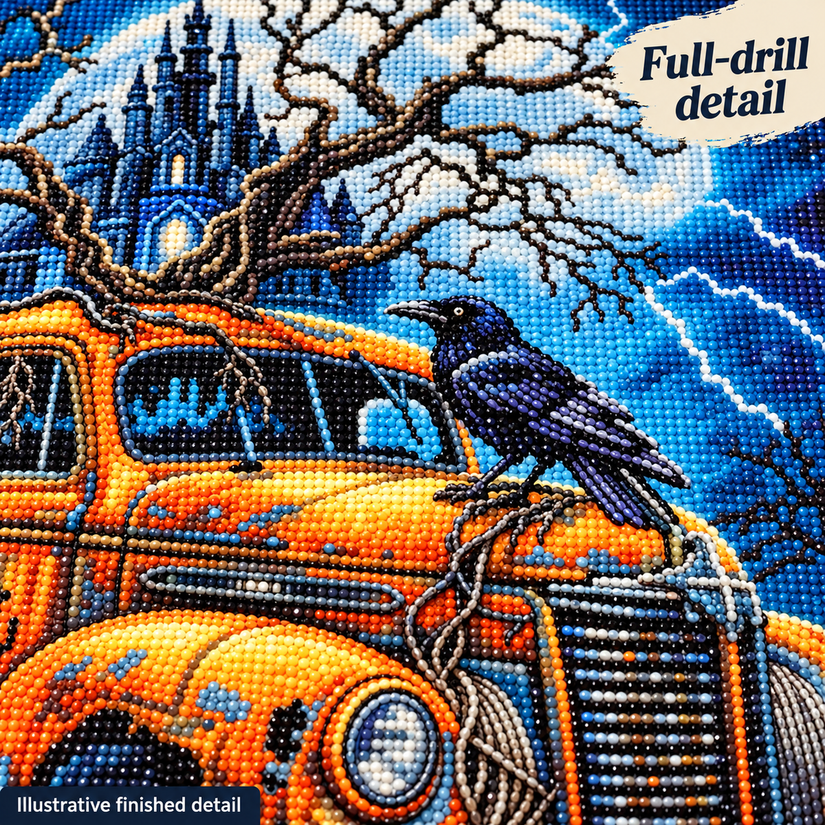 Haunted Castle & Vintage Car Diamond Painting Kit: illustrative finished detail