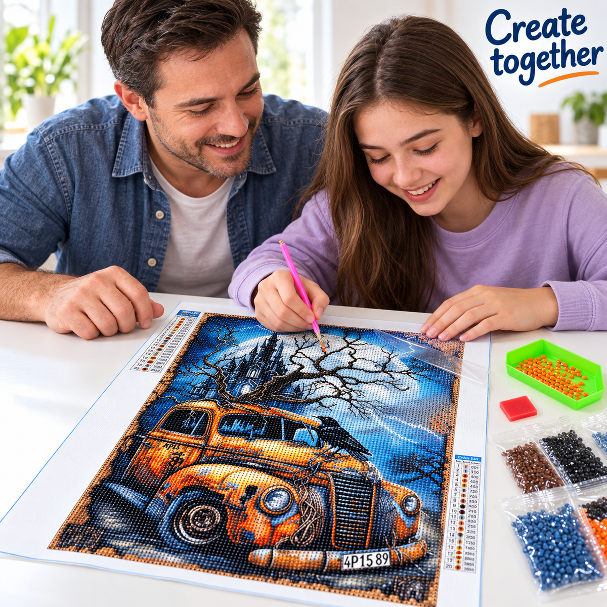 Haunted Castle & Vintage Car Diamond Painting Kit: illustrative crafting scene
