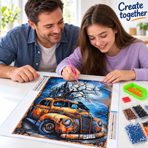 Haunted Castle & Vintage Car Diamond Painting Kit: illustrative crafting scene