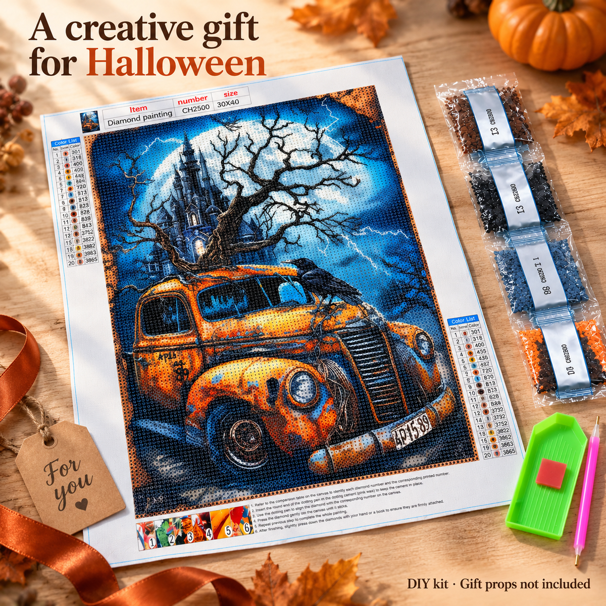 Haunted Castle & Vintage Car Diamond Painting Kit: gift inspiration; props and frames not included